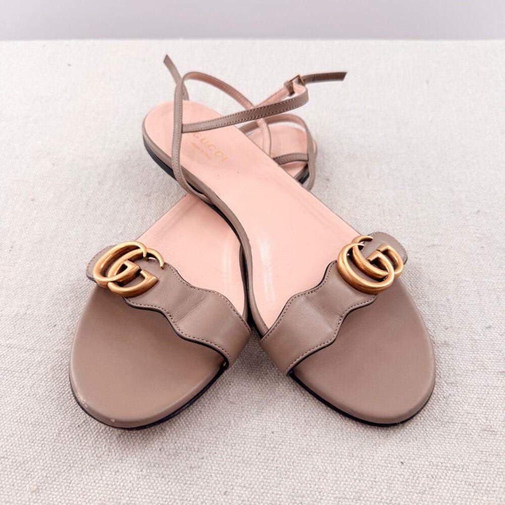 Gucci Marmont Logo Embellished Leather Ankle Strap Flat Sandals Beige Women's 38
